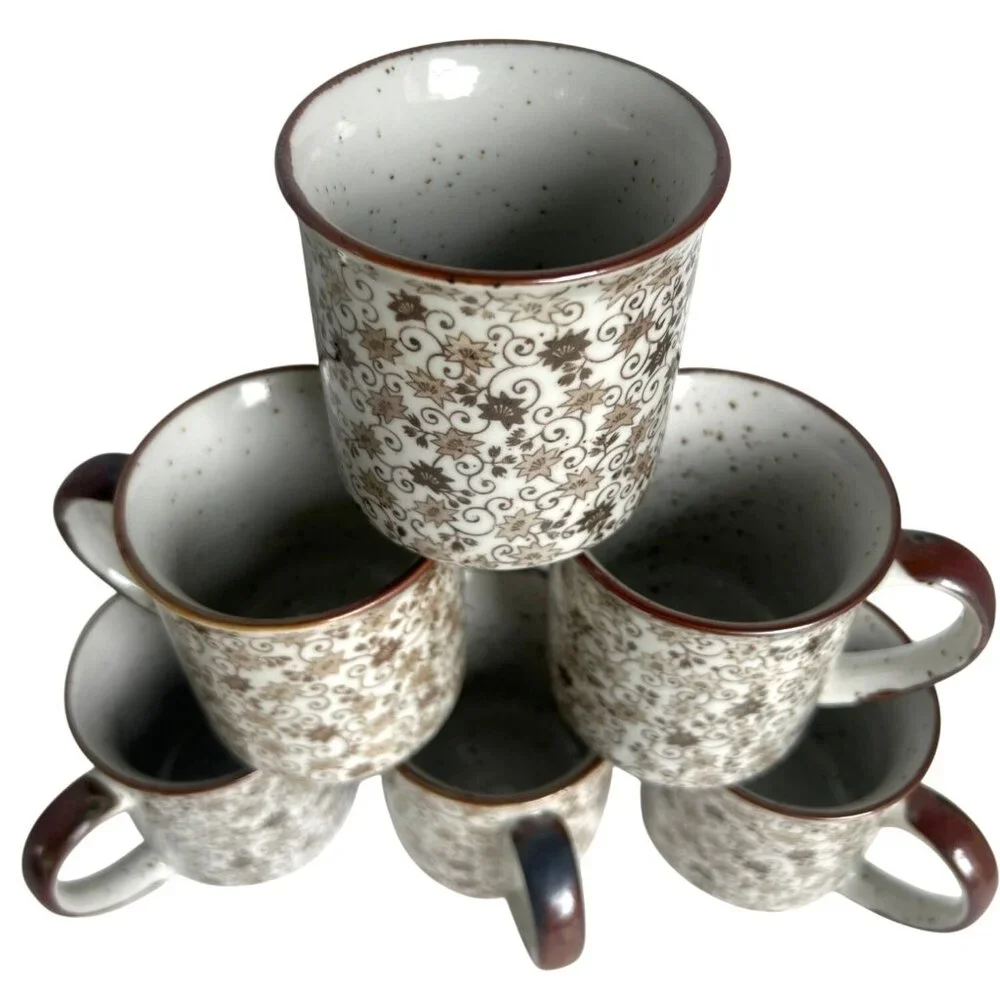 Chintz Calico Ceramic Coffee Mugs 6 Brown & White Earthtone Floral‎ Speckl